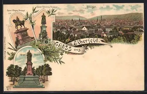 Lithographie Elberfeld, Krieger-Denkmal, Kaiser Friedrich-Denkmal, Kaiser Wilhelm-Denkmal