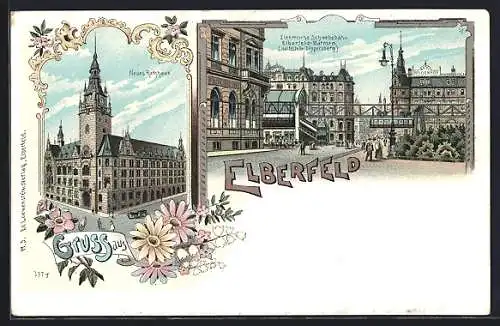 Lithographie Elberfeld, Neues Rathaus, Elektrische Schwebebahn Elberfeld-Barmen Haltestelle Döppersberg