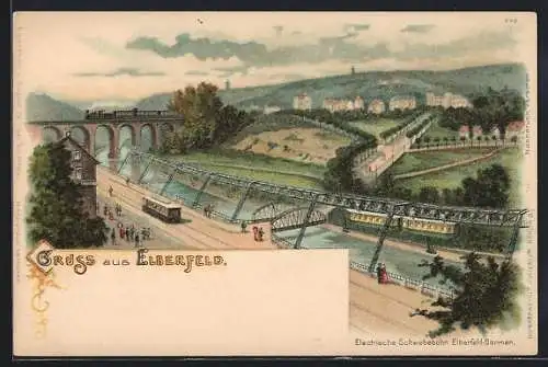 Lithographie Elberfeld, Elektrische Schwebebahn, Strassenbahn