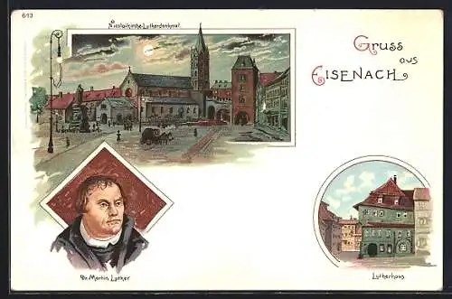 Lithographie Eisenach, Nicolaikirche bei Vollmond, Lutherhaus