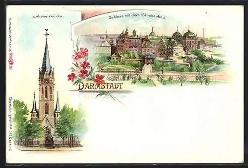 Lithographie Darmstadt, Johanniskirche, Schloss mit dem Glockenbau