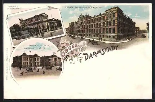 Lithographie Darmstadt, Grossh. Technische Hochschule, Theater und Kriegerdenkmal