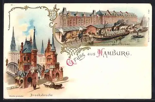 Lithographie Hamburg, Uferpartie mit Dampfern und Lagerhäusern, Brooksbrücke