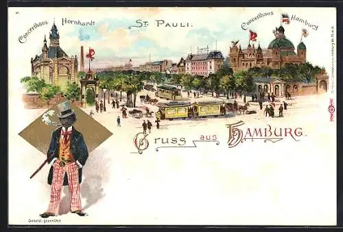 Lithographie Hamburg-St.Pauli, St. Pauli, Concerthaus Hamburg, Concerthaus Hornhardt, Strassenbahn