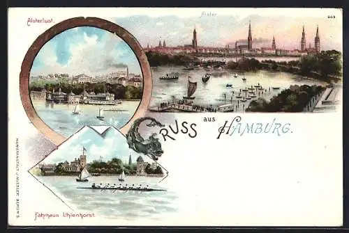 Lithographie Hamburg, Alsterlust, Dampfer auf der Alster, Fährhaus Uhlenhorst