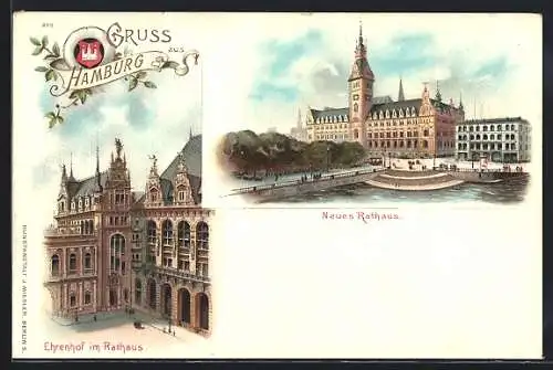 Lithographie Hamburg, Neues Rathaus, Ehrenhof im Rathaus, Wappen