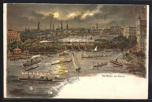 Lithographie Hamburg, Die Alster bei Mondschein