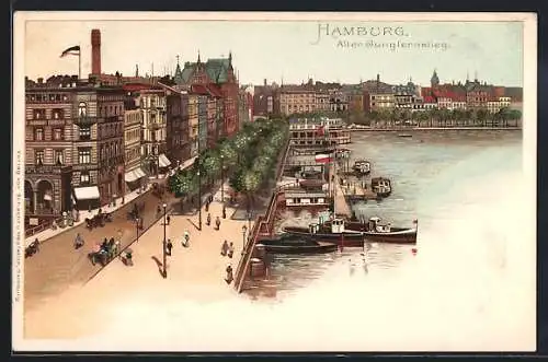 Lithographie Hamburg-Neustadt, Alter Jungfernstieg, Boote an Anleger