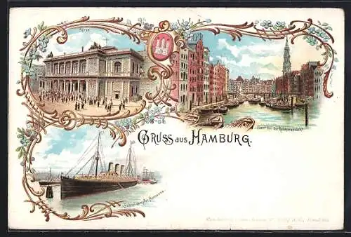 Lithographie Hamburg, Fleet bei der Reimersbrücke, Börse, Schnelldampfer Normannia