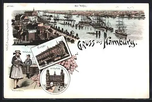 Lithographie Hamburg, Hafenpanorama, Freihafen, Brückenkopf