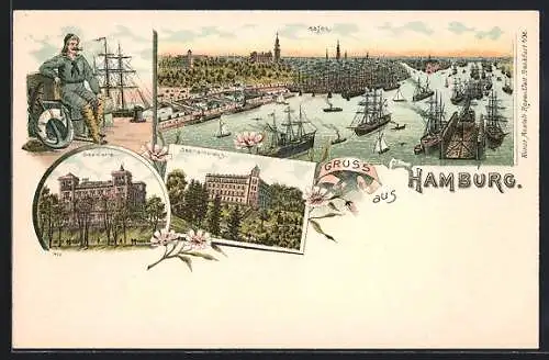 Lithographie Hamburg-Neustadt, Seemannshaus, Seewarte, Hafen mit Dampfer