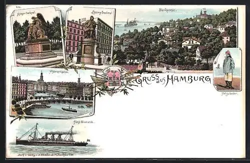 Lithographie Hamburg-Blankenese, Lessing-Denkmal, Dampfschiff Fürst Bismarck, Krieger-Denkmal