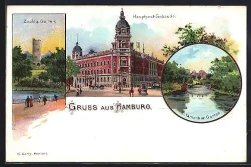 Lithographie Hamburg-Neustadt, Hauptpost-Gebäude, Zoologischer Garten