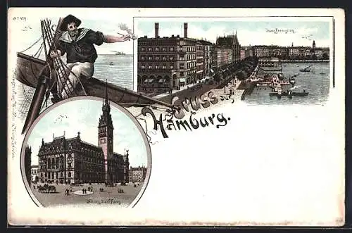 Lithographie Hamburg, Neues Rathaus, Jungfernstieg