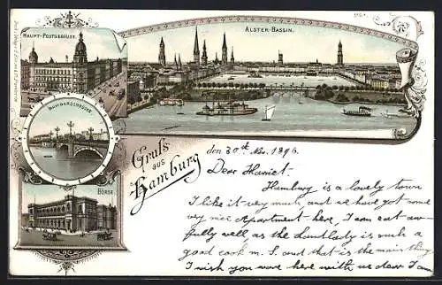 Lithographie Hamburg, Börse, Haupt-Postgebäude, Alster-Bassin