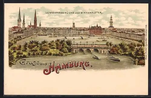 Lithographie Hamburg-Neustadt, Lombardsbrücke und Binnenalster