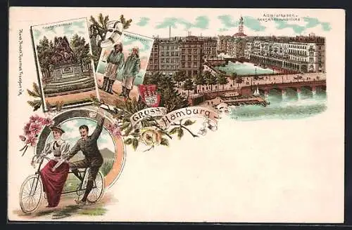 Lithographie Hamburg, Alsterarkaden u. Reesendammbrücke, Helgoländer, Kriegerdenkmal & Radfahrer auf Tandem