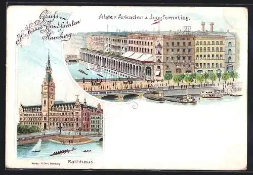 Lithographie Hamburg, Rundfahrten H. Käse, Alster Arkaden & Jungfernstieg, Rathaus