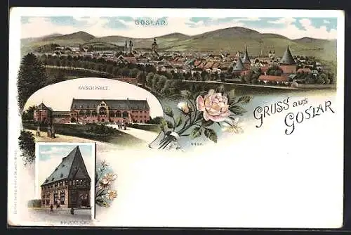 Lithographie Goslar, Gesamtansicht, Kaiserpfalz, Brusttuch
