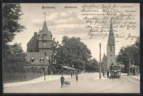 AK Hannover, Pferdeturm mit Strassenbahn