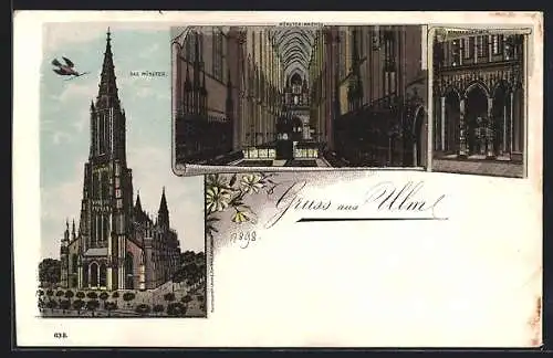 Lithographie Ulm / Donau, Das Münster, Inneres und Westportal