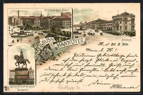 Vorläufer-Lithographie Hannover, 1894, Ernst-August-Platz und Denkmal sowie Bahnhof