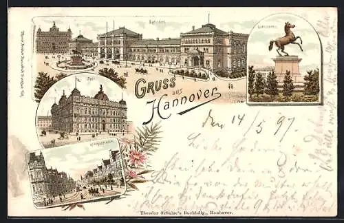 Vorläufer-Lithographie Hannover, 1893, Königstrasse, Bahnhof und Post