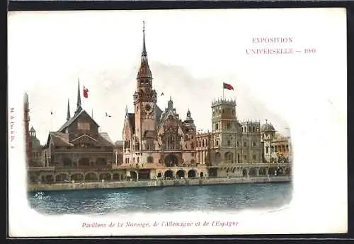 AK Paris, Exposition universelle de 1900, Pavillons de la Norvège, l`Allemagne et de l`Espagne