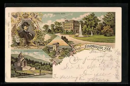 Lithographie Starnberg, Schloss Berg, Schlösschen Roseninsel, Votivkapelle