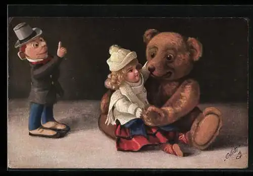 Künstler-AK Ein Steiff-Teddy mit Puppe auf dem Schoss