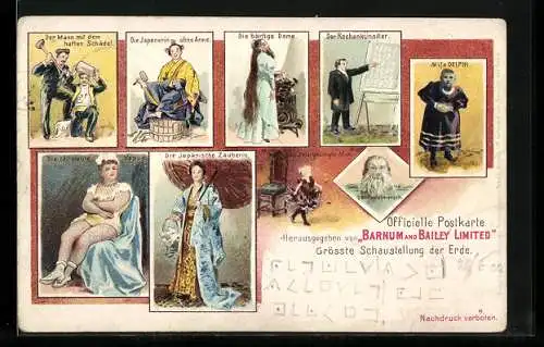 Lithographie Zirkus Barnum and Bailey Limited, tätowierte Venus, die Japanerin ohne Arme, Mann mit dem harten Schädel