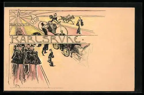 Lithographie Karlsruhe, Menschen unterwegs zu Fuss, mit dem Fahrrad, mit der Kutsche und mit dem Pferd