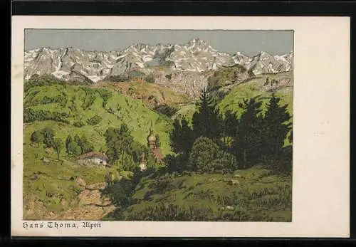 Künstler-AK Hans Thoma: Alpenlandschaft mit kleiner Ortsschaft