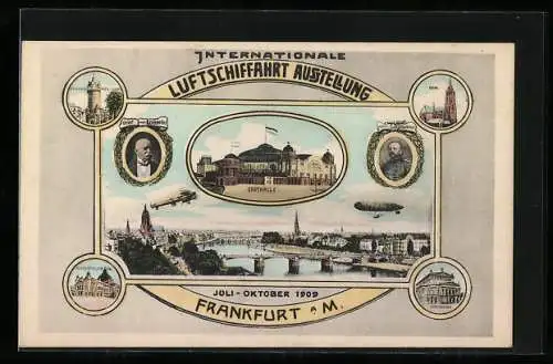 AK Frankfurt a. M., Internationale Luftschifffahrt Ausstellung 1909, Zeppeline über der Stadt