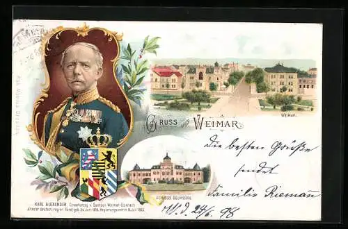 Lithographie Weimar, Karl Alexander von Sachsen-Weimar-Eisenach mit dem Schloss Belvedere