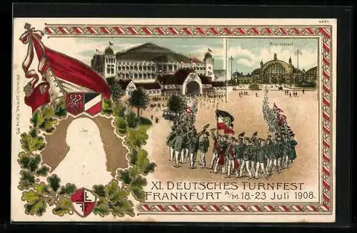 Präge-AK Frankfurt a. M., XI. Deutsches Turnfest 1908, Turnvater Jahn, Wappen, Fahne und Hauptbahnhof