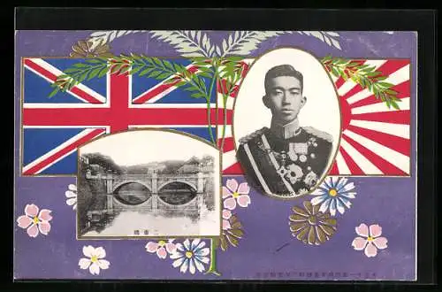 AK Japan, Kaiser Hirohito mit japanischer und britischer Flagge