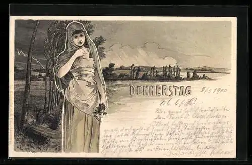 Künstler-AK H. Fründt: Donnerstag, Schönes Mädchen vor Landschaft im Gewitterregen, Jugendstil