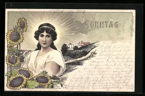 Künstler-AK sign. H. Fründt: Sonne strahlt hinter junger Frau, Sonnenblumen, Darstellung des Sonntags