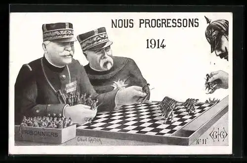 AK Propaganda Entente, Nous Progressons 1914, Schachspiel