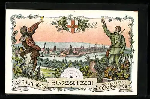 Lithographie Coblenz, 24. Rheinisches Bundesschiessen 1908, Schützen heben Gläser, Wappen und Stadt