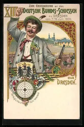 Lithographie Dresden, XIII Deutsches Bundes-Schiessen 1900, Schütze mit Gewehr