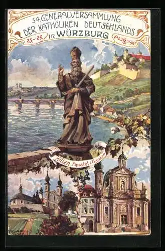 Künstler-AK Würzburg, 54. Generalversammlung der Katholiken Deutschlands 1907, St. Kilian, Ganzsache Bayern