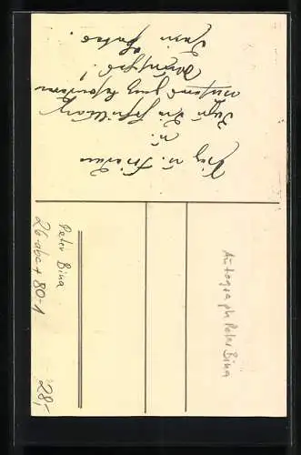 Künstler-AK sign. Peter Bina: Engel hebt Feder und Schwert vor einem Zug Soldaten, Neujahr 1917, Autograph