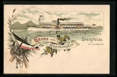 Lithographie Rheindampfer Overstolz in voller Fahrt, Reichsfahne und Anker