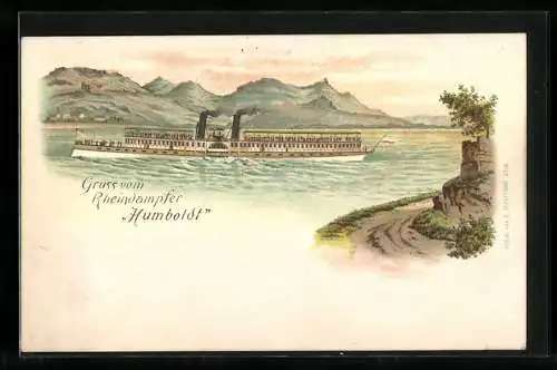 Lithographie Rheindampfer Humboldt in Fahrt, im Hintergrund eine Burg