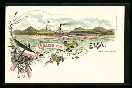 Lithographie Rheindampfer Elsa, Reichsfahne und Anker