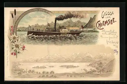 Lithographie Chiemsee, Dampfer Luitpold auf dem Chiemsee, Panorama