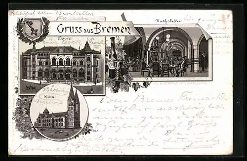 Vorläufer-Lithographie Bremen, 1895, Gasthaus Ratskeller, Börse und Dom