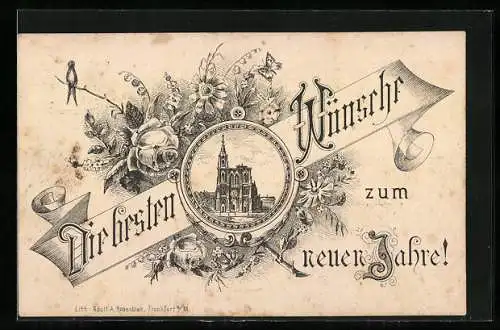 Vorläufer-AK Kirche im Blumenpassepartout mit Neujahrsgruss, 1894